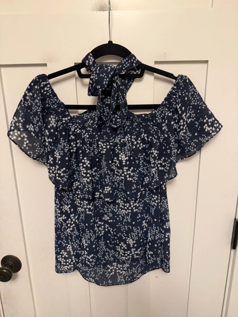 Michael Kors Women's Ditsy Floral Blue chiffon Halter Top Blouse Large